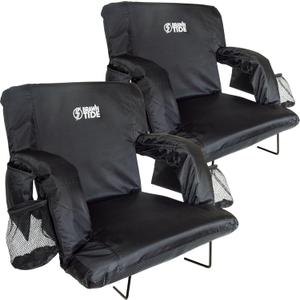 BRAWNTIDE Stadium Seat with Back Support - Comfy Cushion, Thick Padding, 2 Steel Bleacher Hooks, 4 Pockets, 2 Cup Holders, Reclining Back, Ideal Chair for Sport Events, Beaches, Camping, Concerts (Regular - Width 20.5 Inches, Black, 2 Pack)