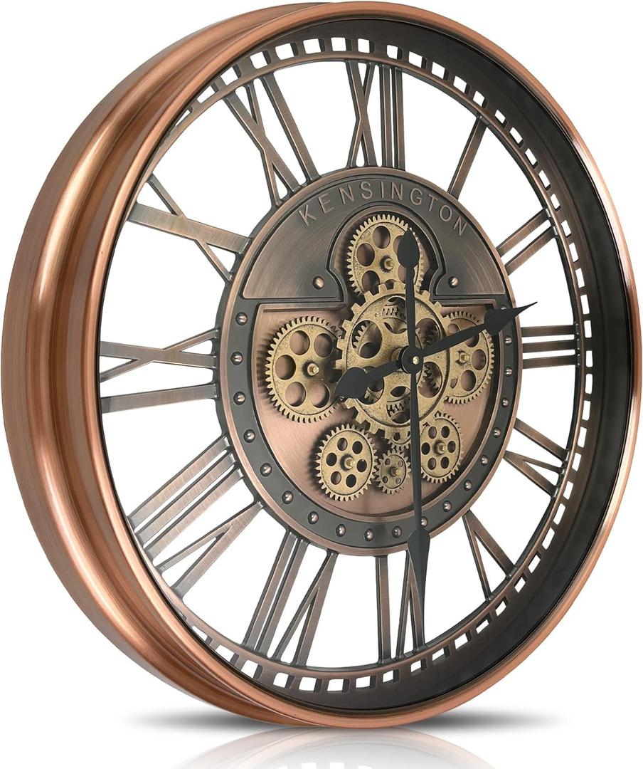 Real Moving Gears Wall Clock Large Modern Metal Clocks for Living Room Decor, Industrial Steampunk Unique Vintage Rustic Decorative Clock for Home Farmhouse Office, 27.6 Inch,Red Copper Roman, 28 Inch