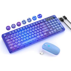 Blue Light Up Keyboard and Mouse Wireless,Cute 2.4Ghz Cordless Rechargeable Transparent Backlit Keyboard,15 Backlight Effects,Volume Knob,RGB Mouse with 3 DPI for Mac Computer PC Laptop Desktop iPad