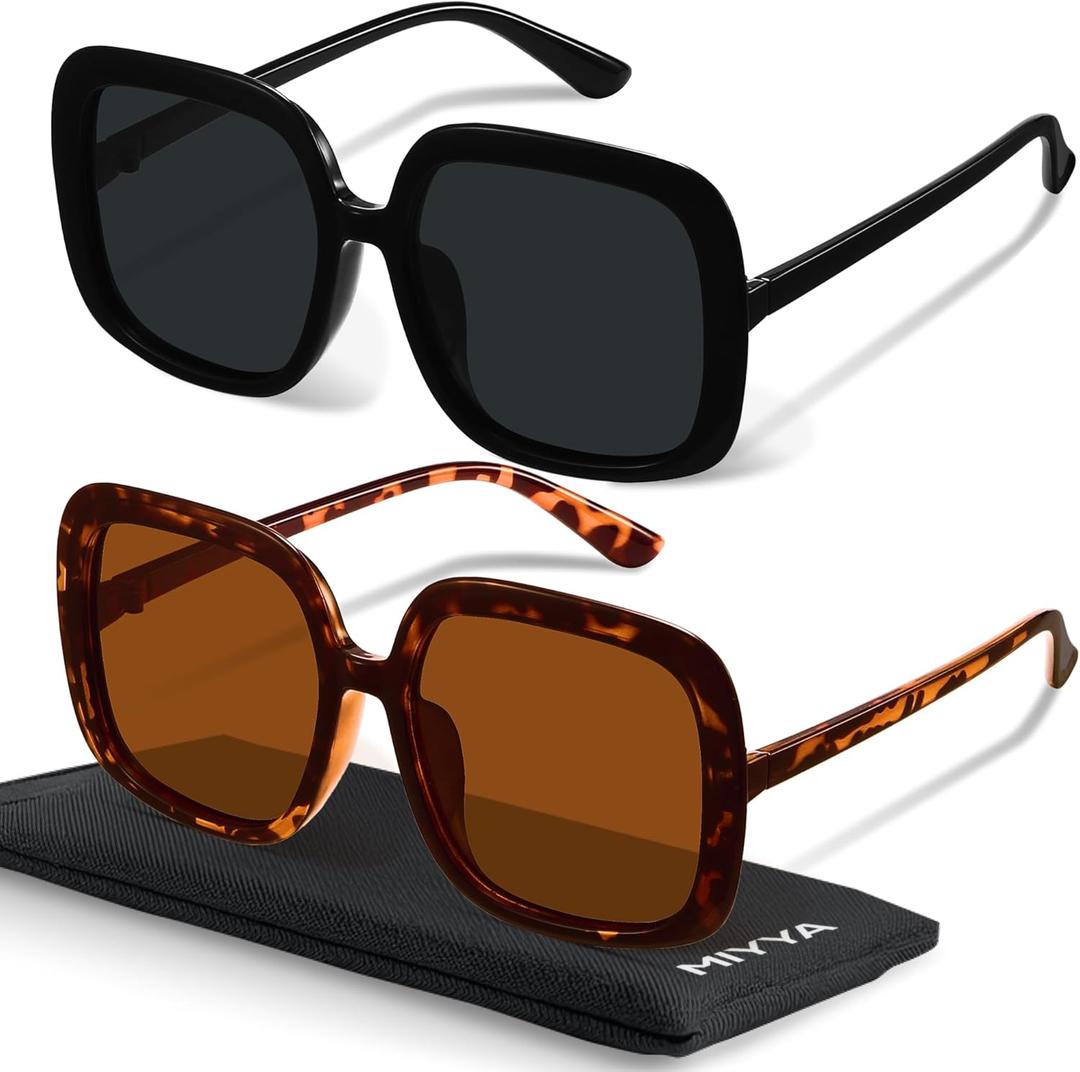 miyya Oversized Polarized Sunglasses Women, Trendy Retro Sun Glasses for Women 2025, Oversized Shades (All Black + Amber Tortoise Light)