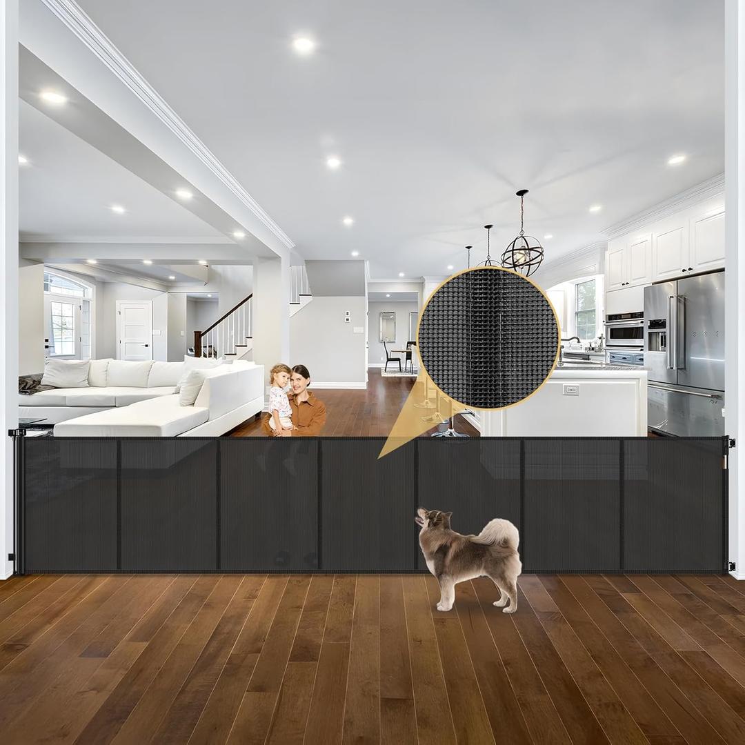 Reinforced 42" Tall x 195" Extra Long Baby Gates for Large Openings, Tall Retractable Baby Gates Extra Wide Dog Gate with Support Rods - Prevent Crawling Under, Indoor/Outdoor Retractable Fence, Black