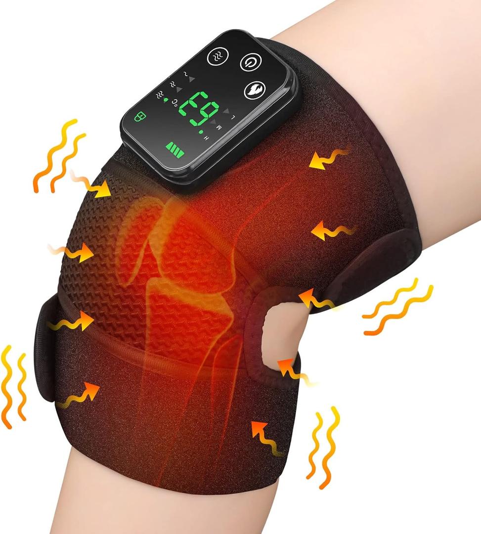 Heated Knee Brace, Cordless Heated Knee Massager with 3 Heating Levels 3 Vibrations Built-in 4000mAh Battery Knee Heating Pad for Knee Pain Relief Heating Pad for Knee, Shoulder, Elbow (Black)
