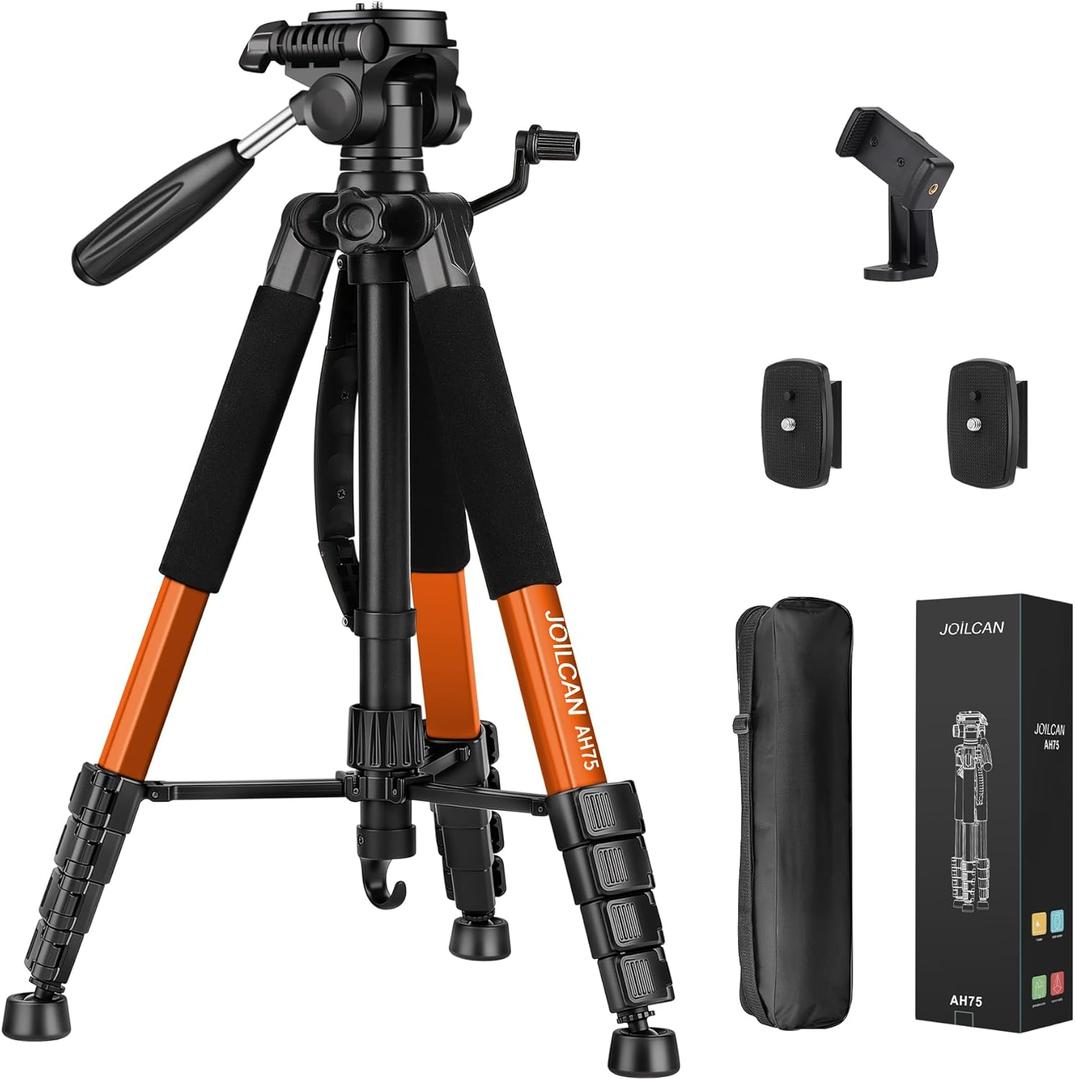 JOILCAN Tripod Camera Tripods, 74" Tripod for Camera Cell Phone Video Photography, Heavy Duty Tall Cameras Tripod Stand, Professional Travel DSLR Tripods Compatible with Canon iPhone, Max Load 15 LB (Orange)