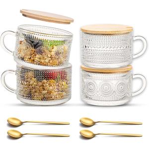 JBHO Vintage Glass 14OZ Coffee Mugs 4pcs Clear Embossed Glass Cups with Bamboo Lids and Spoons Gifts for Women Overnight Containers for Tea,Cereal,Cappuccino, Latte