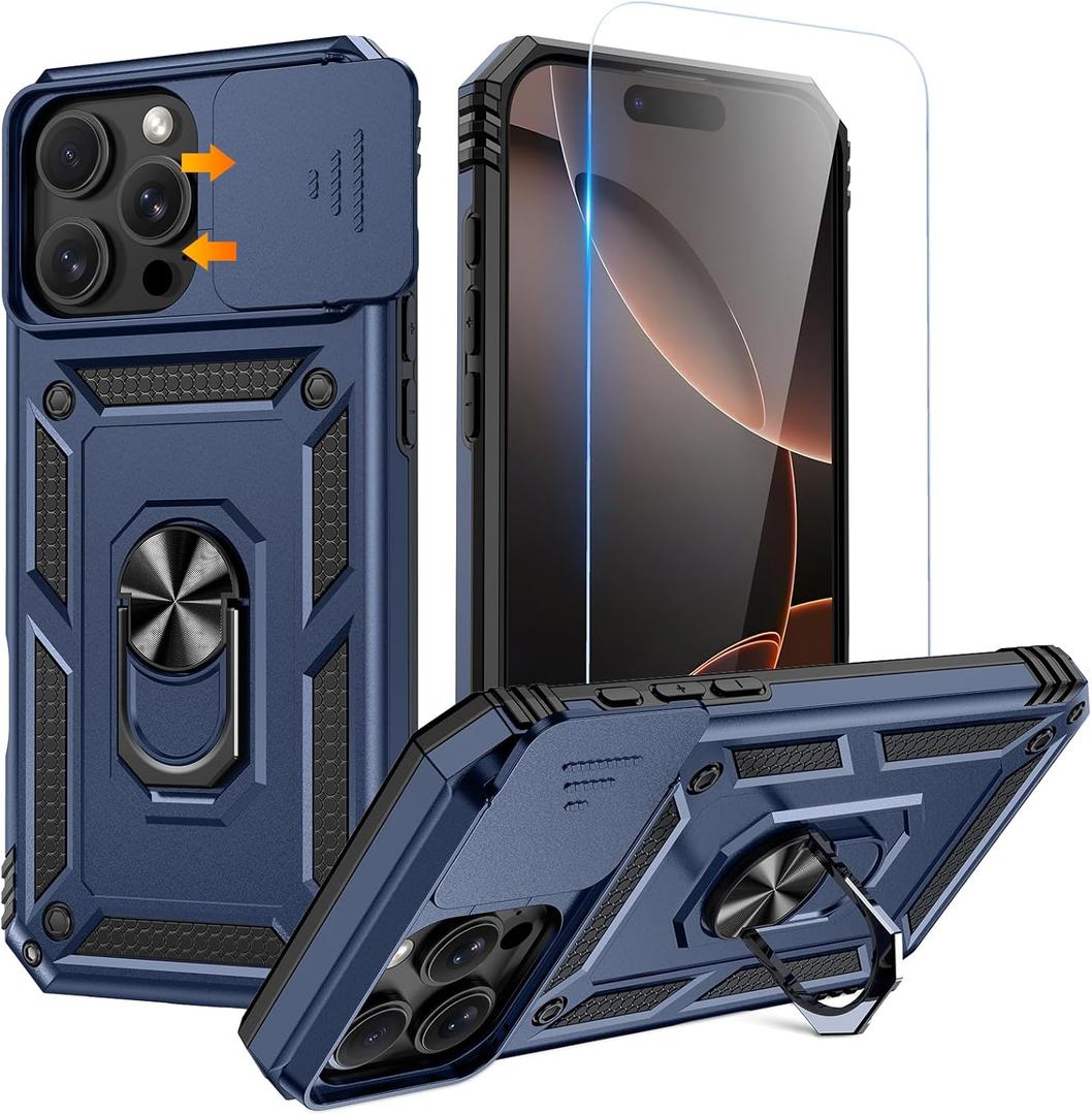 Goton Compatible for iPhone 16 Pro Max Case with Screen Protector - Slide Camera Cover Protective Phone Case with Ring Stand, Heavy Duty Shockproof Rugged Bumper for iPhone 16 Promax Accessories Blue