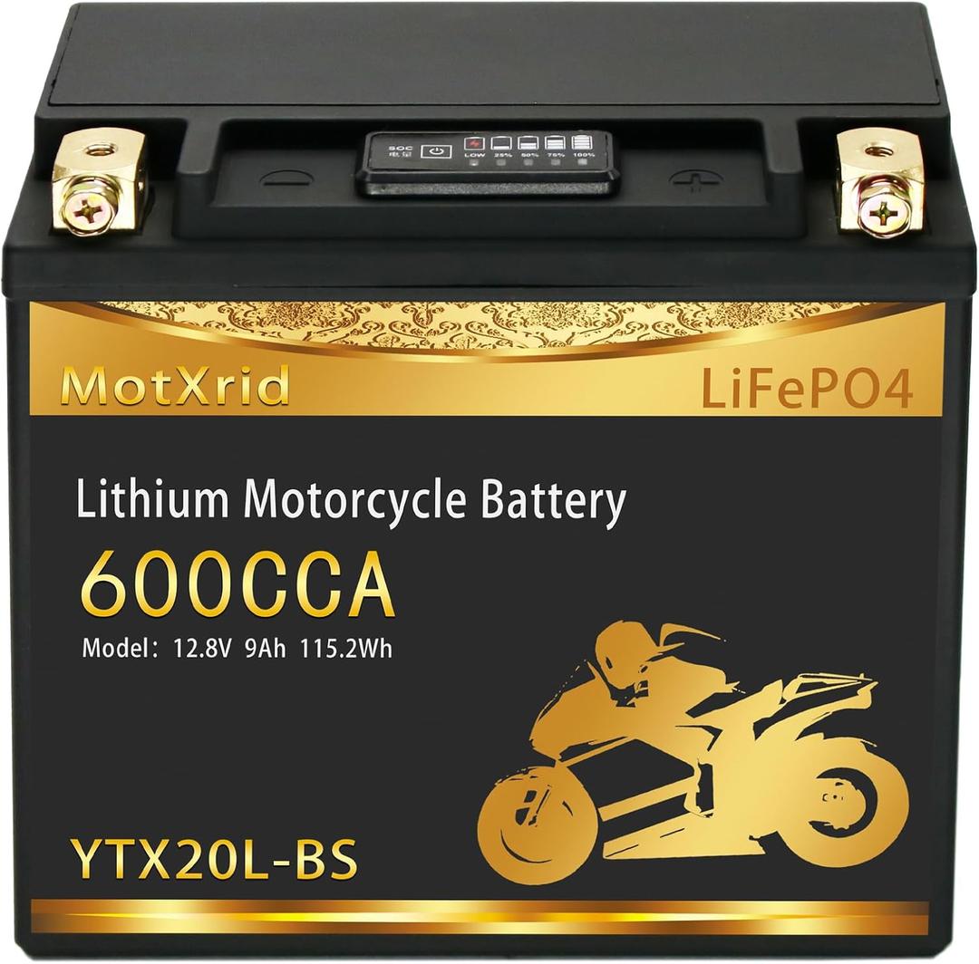 YTX20L-BS 600A lithium LiFePO4 Powersport Start Motorcycle Battery, 12.8V 9AH, Fits for UTV,ATV,Jet Ski, PWC,Scooter, Lawn Mower, Tractor,Snowmobile,Quad, Smart BMS,Digital Readout,5X Life