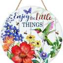 Spring Summer Hummingbird Floral Front Door Sign, Flower Enjoy The Little Things Wood Plaque Hanger Outdoor Home Decor, Bee Butterfly Farmhouse Wooden Wreath Indoor Wall Hanging Decoration