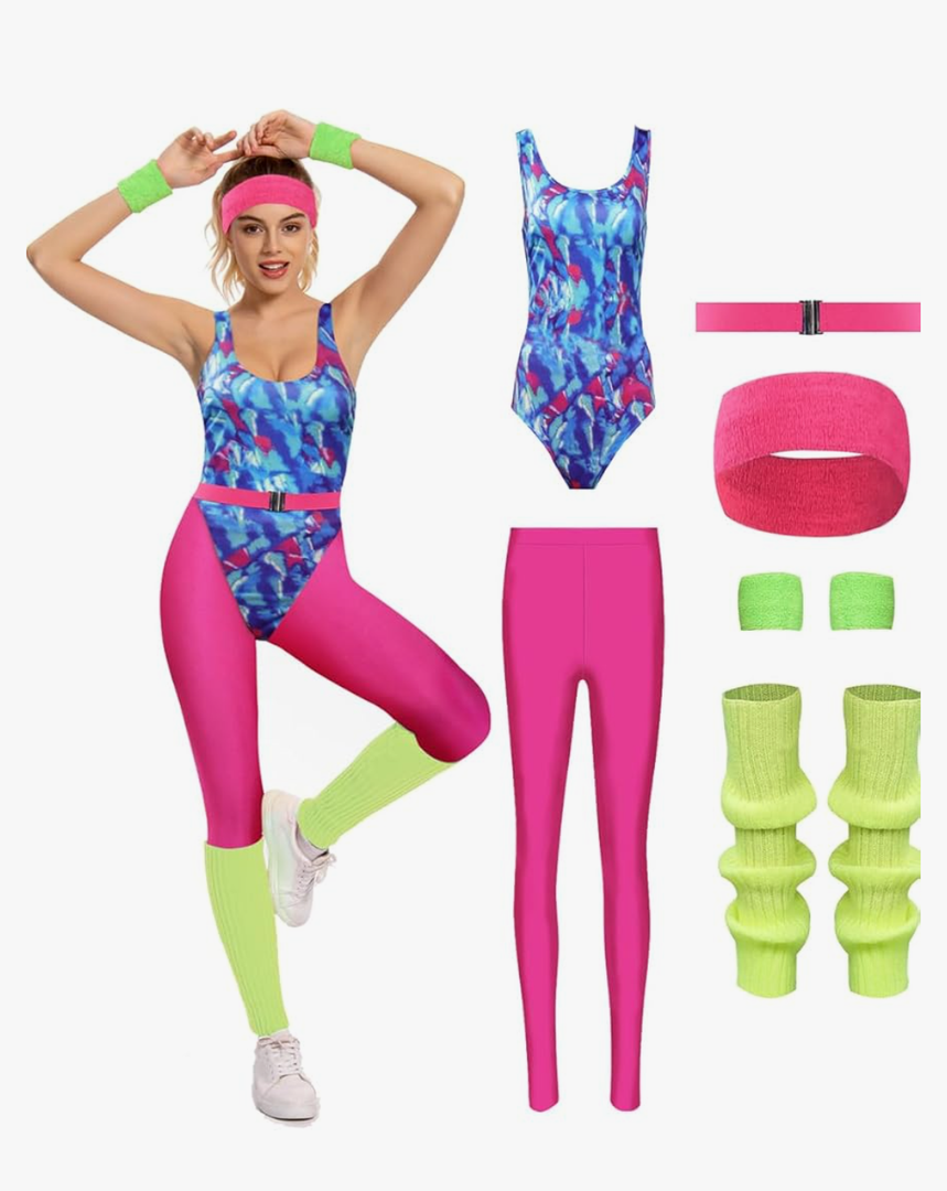 Womens Aerobics Costume 80s Workout Outfit 90s Accessories Set Retro Jogging Suit Waist Bag Gym Yoga Running, Medium