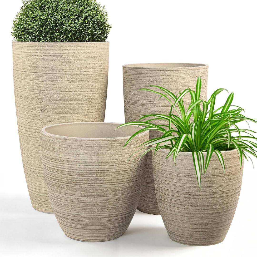 ZMTECH 4 Pack Plastic Planters 21/18/12/10in, Beige Faux Stone Finish Round Flower Pots with Drainage Holes & Saucers, Large Tall Plant Pots for Indoor Outdoor, Patio Garden Decor, Plant Containers
