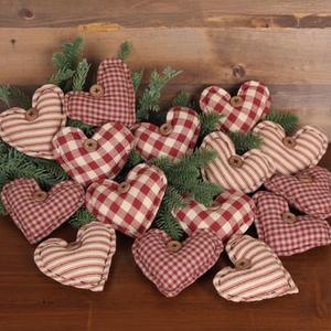 Soulchen 12 Pcs Valentine's Day Heart Ornaments Vintage Fabric Stuffed Heart Hanging Ornaments Rustic Red Buffalo Plaid Hanging Decor with Button for Tree Farmhouse Anniversary Wedding Party, 3 Style