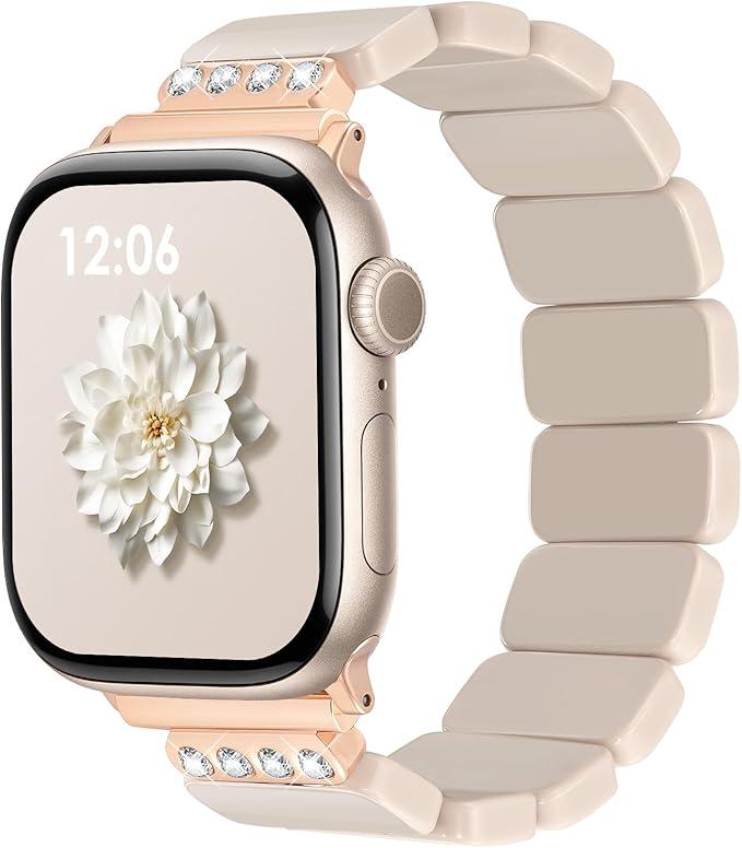 V.R.HOPE Stretchy Rose Gold Bracelet Resin Tortoise Apple Watch Band for Series 11/10/9/8/7/SE3 38mm 40mm 41mm 42mm, Lightweight & Flexible Fashion Cute with iWatch Series 6/5/4/3/2/1(Oatmeal-Stretchy)