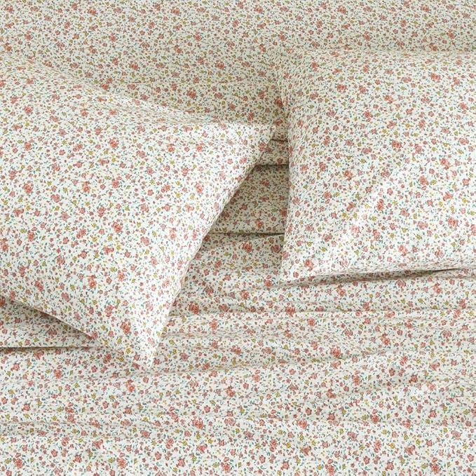 DAUAOTO Cotton Sheets Set Twin XL Printed Bedding Sets, Up to 14" Deep Mattress, Pink Ditsy Floral Pattern Bedlinen for Twin Extra Long Bed