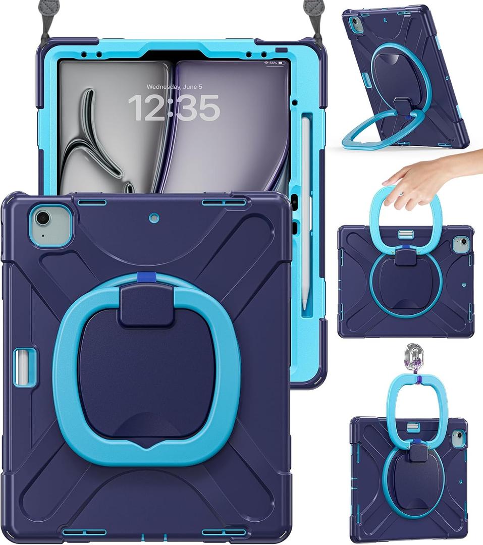BRAECN for iPad Air 13 Inch Case M4 2026/M3 2025/M2 2024, iPad Pro 12.9 (6th/5th/4th/3rd Gen), Heavy Duty Shockproof Cover w/Pencil Holder, Handle Grip, Stable Kickstand, Shoulder Strap, Navy Blue