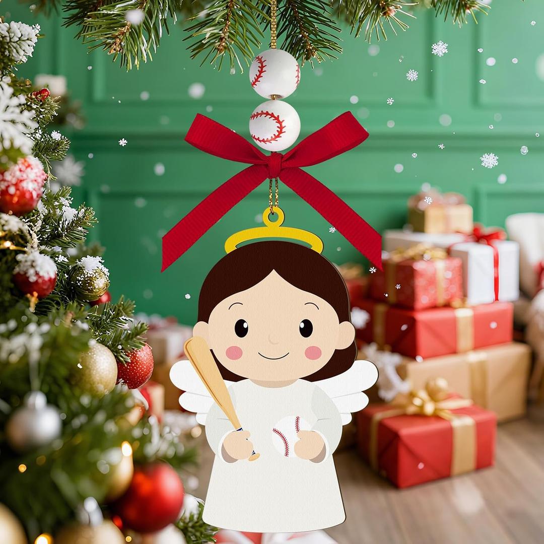 Baseball Angel Easter Ornaments Wooden Hanging Angel Ornament Sport Ball Xmas Tree Decorations for Home Crafts Baseball Lovers Sport Players Fans Family Holiday Party Supplies