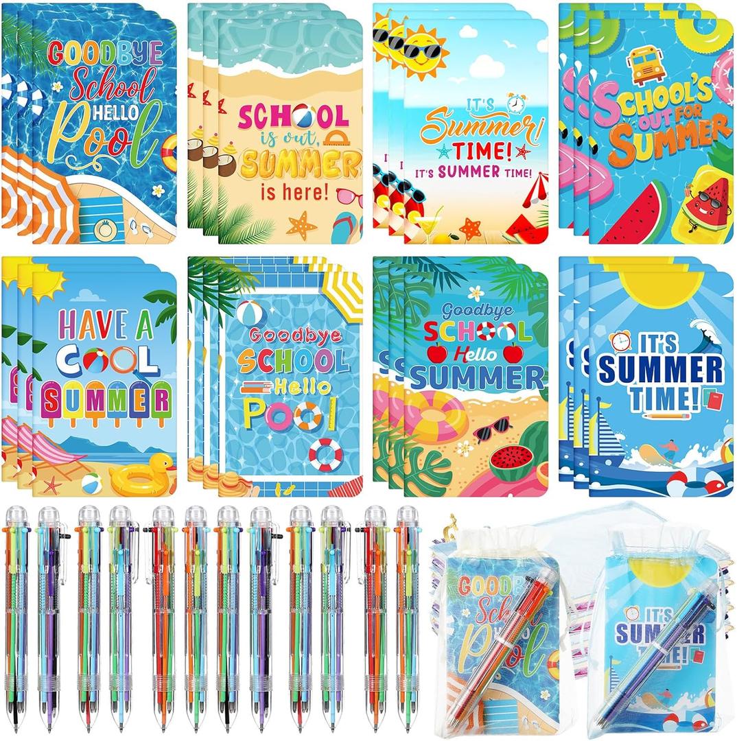 Kolldenn 72 Pcs End of Year Gifts from Teacher Bulk, End of School Year Gift, 24 Mini Notebooks and 24 Retractable 6 in 1 Multicolor Ballpoint Pen with Organza Bag(Summer)