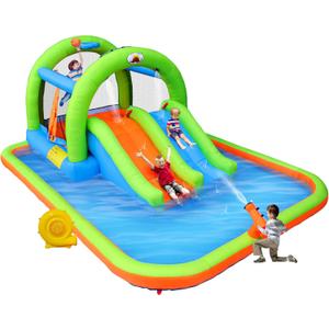Inflatable Water Park with Blower, and Bouncy House with Double Slide with Water Cannon and Basketball Ring