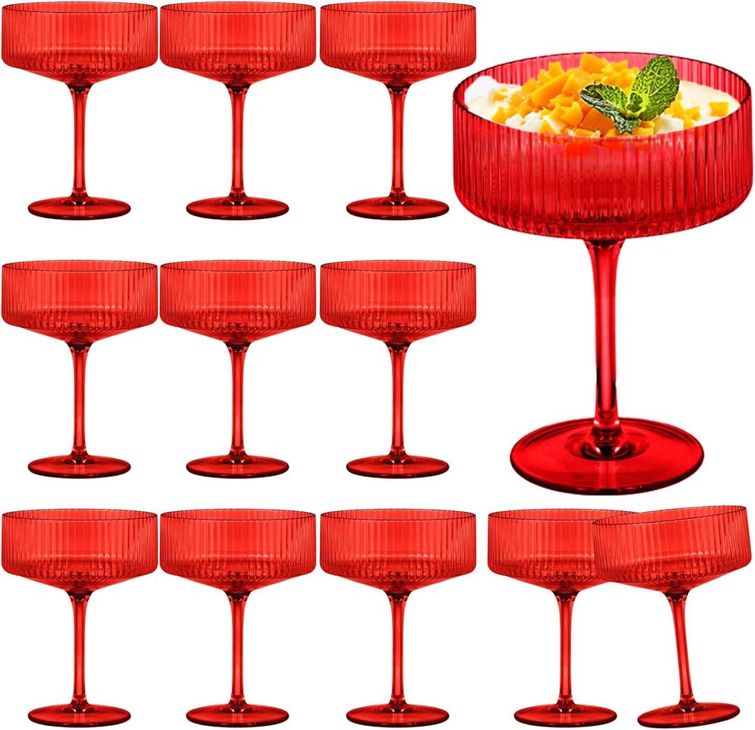 12 Pieces Martini Glasses 10.5oz Plasitc Ribbed Coupe Glasses Champagne Shatterproof Acrylic Vintage Cocktail Glassware Margarita Wine Glasses Disposable Cups for Parties Wedding Anniversary Bar Red