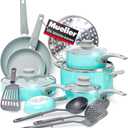 Mueller 16-Piece Non-Stick Stone Cookware Set with Steamer and Glass Lids, Turquoise