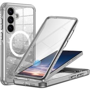 Hekodonk for Samsung Galaxy S25 Case Glitter,Compatible with MagSafe[Built-in Tempered Glass Screen Protector & Camera Lens Protection] Full Body Shockproof Protective Bling Phone Case,Gray