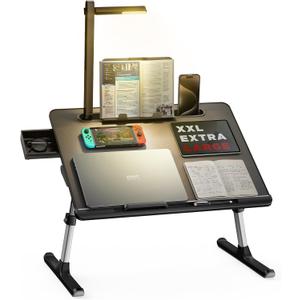 Laptop Bed Tray Desk with LED Desk Light, SAIJI Adjustable Laptop Stand for Bed, XX-Large PVC Leather Foldable Table with Book Stand,Wrist Rest, Extra Leg Room(Black)