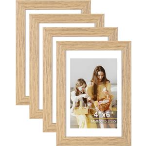 4x6 Picture Frame Set of 4, Displays 3.5x5 with Mat or 4x6 Without Mat, Photo Frames for Wall Hanging or Tabletop, Includes HD Plexiglass, Light Wood Grain