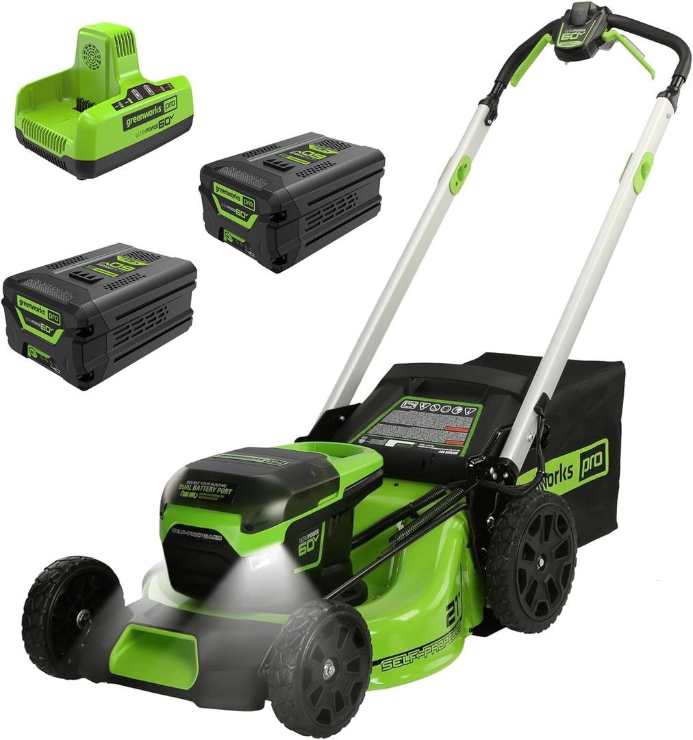 Greenworks 60V 21" Brushless (Self-Propelled) Cordless Lawn Mower, 2 x 4.0Ah Batteries (3/4 Acre, Rapid Charger, 4-in-1, LED Lights, IPX4)