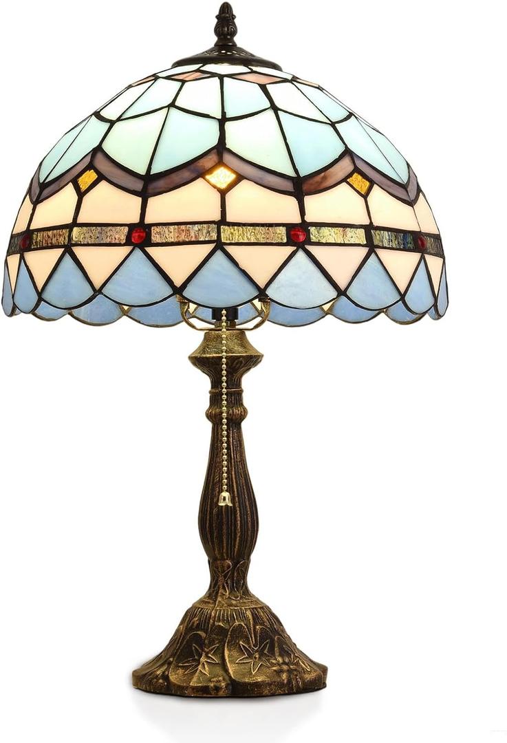 Tiffany Table Lamp, 12-inch Mediterranean Blue Style, Stained Glass Lamp for Living Room, Dining Room, Bedroom, Study Room, Office