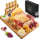 Xergur Bamboo Cheese Board Set - Charcuterie Boards and Serving Meat Platter, Cheese Tray with 4 Stainless Steel Cheese Knives Cutting Board Platter, Ideal for Halloween, Wedding, Christmas Gifts (14" x 11" x 0.6")