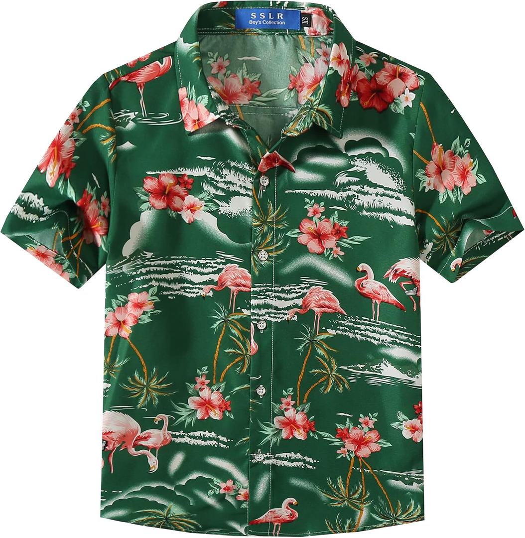 2 x SSLR Big Boys Hawaiian Shirt, Kids Hawaiian Shirt, Flamingos Shirt Short Sleeve Luau Shirt for Kids