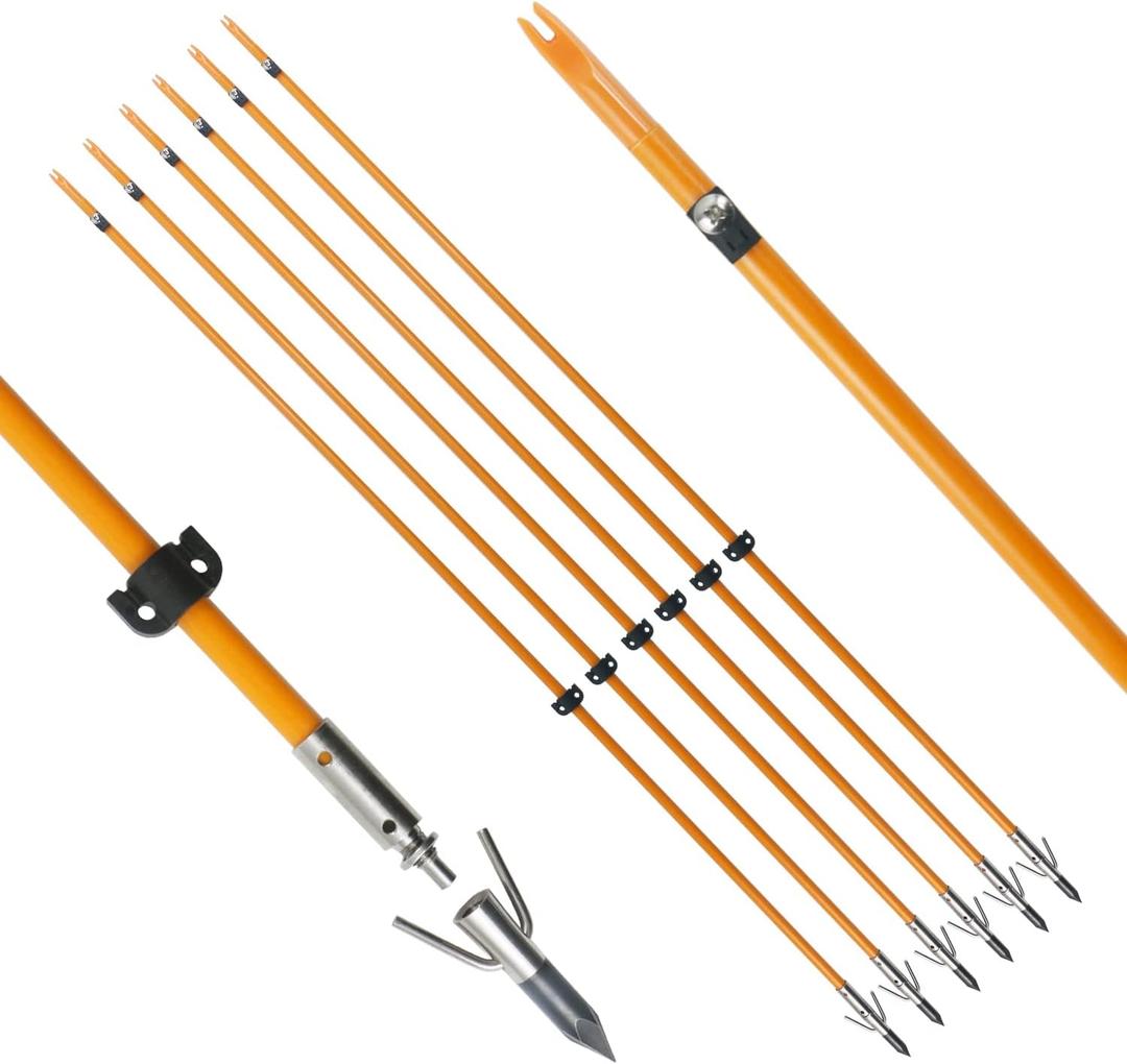 34inch Bowfishing Arrows Solid Fiberglass Shaft with Broadhead for Compound Bow and Recurve Bow Fishing Arrow Archery and Hunting (Pack of 6) (Orange)