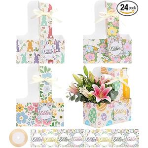 LemonRoad 24 Sets Easter 2 Cup Drink Carriers with Handles, Happy Easter Party Favors Gift Supplies, 4 Style Cardboard Cup Holders with Gift Cards for Women Bunny Party Decoration Table Decor
