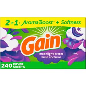 Gain Dryer Sheets Laundry Fabric Softener, Moonlight Breeze, 240 Count