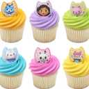 DecoPac DreamWorks Gabby's Dollhouse Rings, 24 Cupcake Decorations Featuring Gabby, Pandy Paws, Irresistible Kitty Characters, and Super Fun Adventures! - 24 Pack