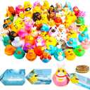 100Pcs Cruise Ducks Tags Kits Includes 30 Cruising Ducks with 30 Cruise Duck Tags & 40 Rubber Bands Assorted Random Rubber Ducks for Valentine's Day Exchange Gifts Cruise Ship Hiding Ducks