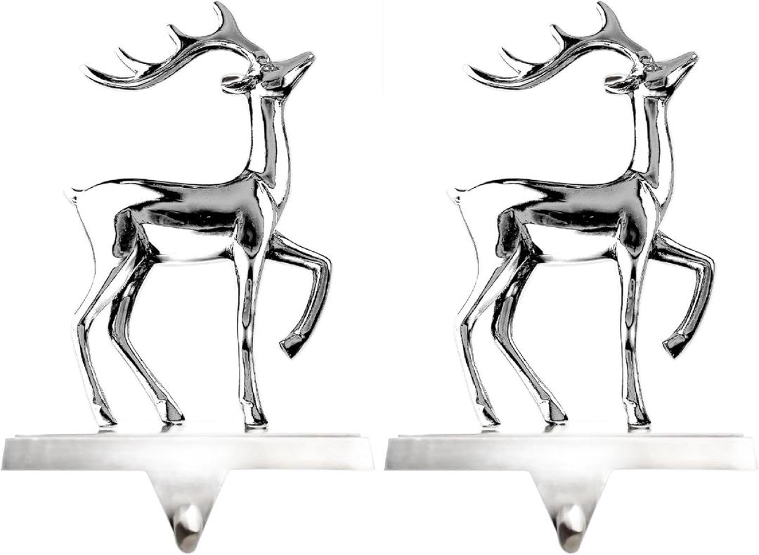 Klikel Stocking Holder Set of 2 - Christmas Reindeer Stocking Hanger For Mantel - Shiny Silver Metal Deer Christmas Stocking Holder For Fireplace Mantle - Heavy Stocking Holder For Mantle-facing Right