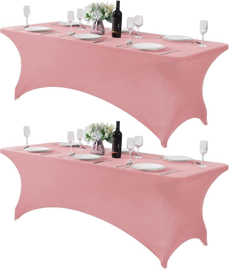 Hezuzo 2Pack Spandex Table Cover for 8FT Table Universal Fitted Stretch Tablecloth for Party, Banquet, Wedding and Events-Dusty Pink