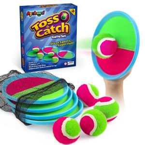 Toss and Catch Ball Set Game Kids Outdoor Toys, 4 Ball, 4 Paddles, Mesh Storage Bag, Adjustable Hand Strap
