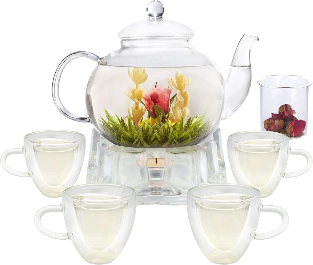 Glass Teapot Set, 40OZ/1200ml Stovetop Safe Glass Tea Kettle with 4 Double-Wall Tea Cups & Loose Tea Infuser & Tea Warmer, Dishwasher Safe Tea Maker, Blooming Tea Gift Set For Women
