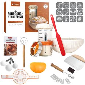 Sourdough Starter Kit with 9 Inch Banneton Bread Proofing Basket, 24oz Starter Jar & Recipe Book  Complete Sourdough Bread Baking Supplies Set with Dough Whisk & Scraper for Artisan Home Bakers