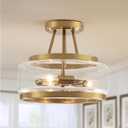 Enjoy the lights 11.8" Gold Semi Flush Mount Ceiling Light, Small Ceiling Lighting Modern Clear Glass Flush Mount Drum Light Fixture for Dining Room Foyer Entryway Bedroom Kitchen Bathroom 3-Light