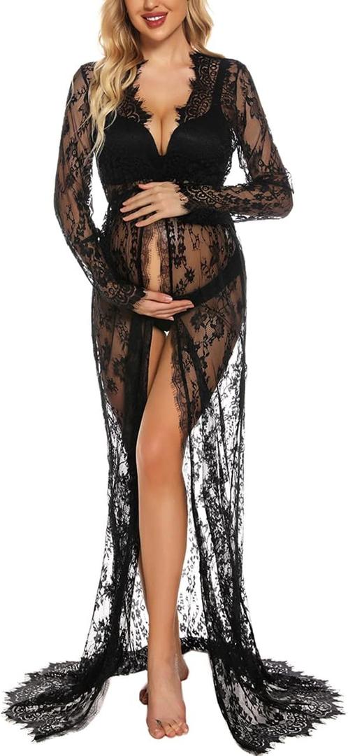 COSYOU Open Belly Maternity Dresses for Photography Black White Gown Split Front Cute Dress  (X-Large)