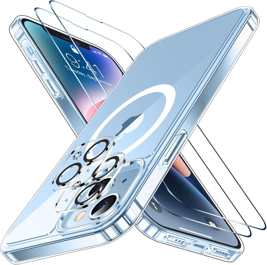 2 x SPIDERCASE for iPhone 14 Case/iPhone 15 Case, [15 FT Military Grade Drop Protection] Magnetic [Crystal Clear] 2 Pack [Tempered Glass Screen Protectors+Camera Lens Protectors] Slim Case, Clear