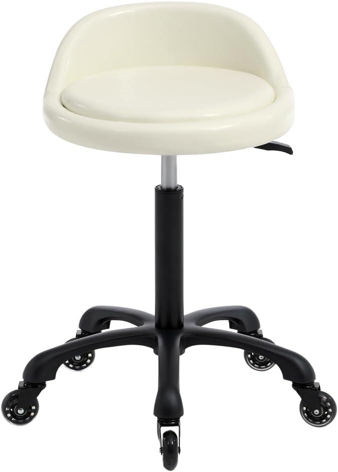 Rolling Salon Stool Chair with Back Support Hydaulic Height Adjustable on Swivel Wheels Heavy Duty for Hair Cutting Esthetician Tatto Beauty Spa Bar Lab Clinic Kitchen Office Home (White)