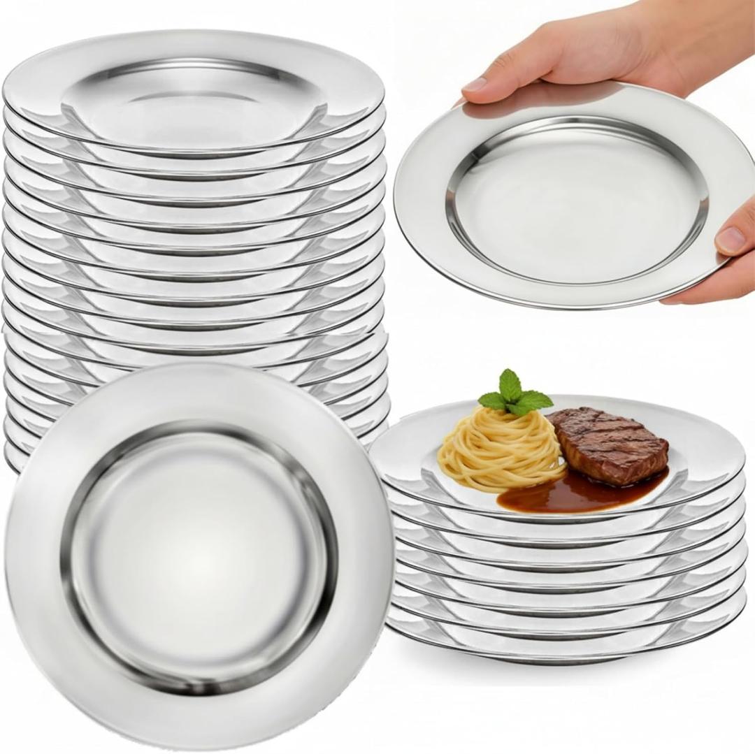 24 Pack Stainless Steel Dinner Plates, 8 Inch Metal Lightweight Unbreakable Camping Dishes, Round Reusable Serving Platter Feeding Tray for Home, Picnic, BBQ, Dishwasher Safe