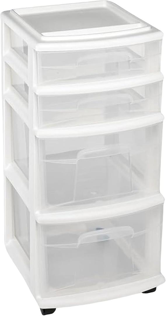 HOMZ Drawer Tower, 4-Tier Clear Plastic Storage Organizer Cart, White Frame Rolling Containers with Wheels for Bathroom, Bedroom, Office, and Classroom Organization