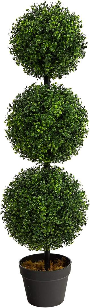 Nearly Natural 36in Artificial Triple Ball Boxwood Topiary Tree - Indoor Outdoor Realistic Faux Greenery for Home Patio Office Decor, Low Maintenance