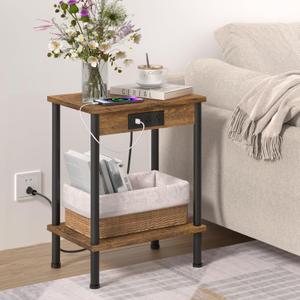 End Table with Charging Station,Small Side Table,2-Tier Nightstand with Storage Shelf,Sofa Bedside Table for Small Spaces in Living Room,Bedroom,Office,Easy Assembly,Rustic Brown