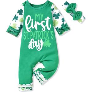 Baby Girl Romper Outfit Newborn Ruffle Button One-Piece Jumpsuit Playsuit With Headband (Green)