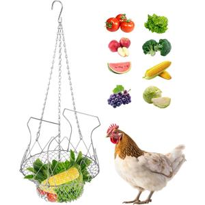 BOXOB Adjustable Hanging Chicken Feeder, Large Foldable Poultry Vegetable Fruit Chick Feeding Drinker Basket with Chain Chicken Treat Holder Coop Accessories Toy for Your Hens Ducks Rabbits