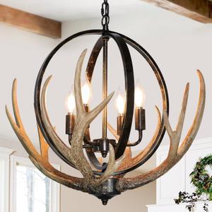 Antler Chandelier 4 Lights, 20" Rustic Farmhouse Chandelier with Resin 4 Antlers and Retro Metal Globe Chandeliers Vintage Style for Dining Room, Kitchen, Entryway, Living Room